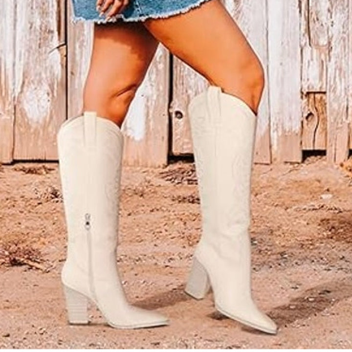 Vomira Womens Size 10 Cream Embroidered Knee High 4" Heel Cowboy Boot Shoes