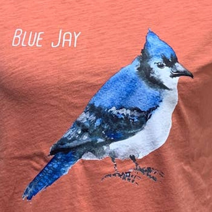 Wingspan Inspired Womens Small Watercolor Blue Jay Hand Printed Upcycled Tee