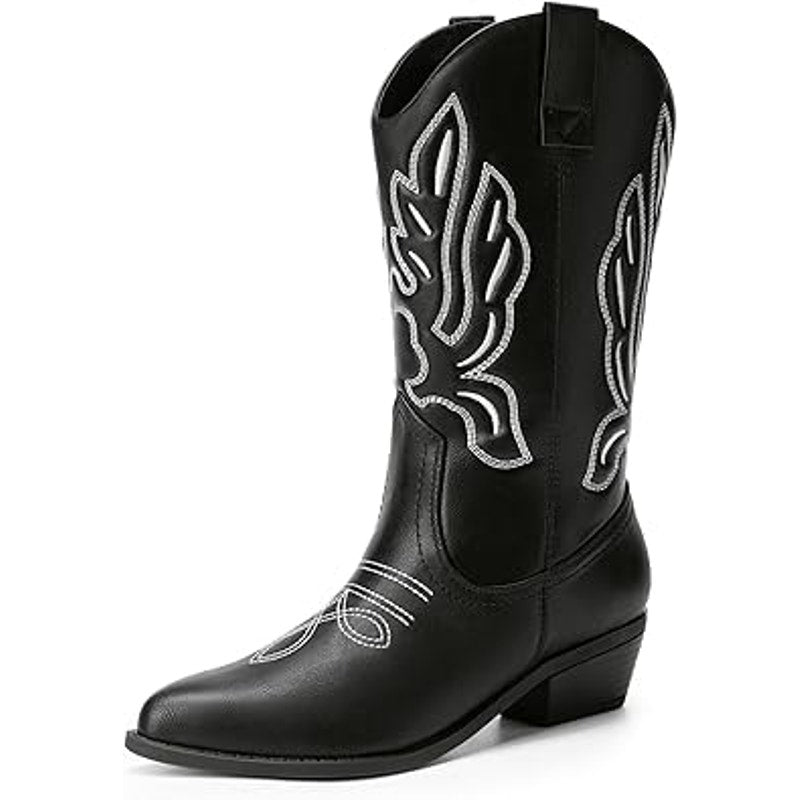 Dream Pairs Womens Size 6.5 Black Faux Leather 2" Heel Cowboy Western Boots