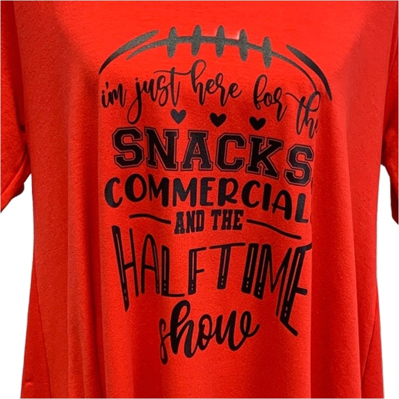 Hand Printed Upcycled Women Large Superbowl Snacks Commercials Halftime Show Tee