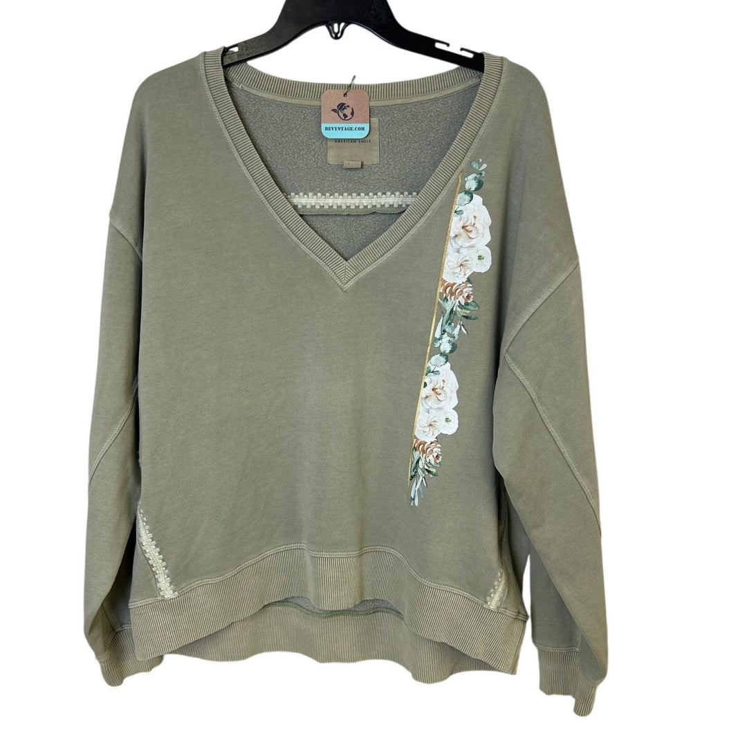 New Hand Printed Womens Medium Floral Stripe V Neck Long Sleeve Sweatshirt