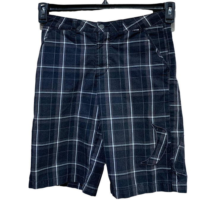 Hurley Size 29 Mens Black White Plaid Cotton Blend Long Casual Board Shorts