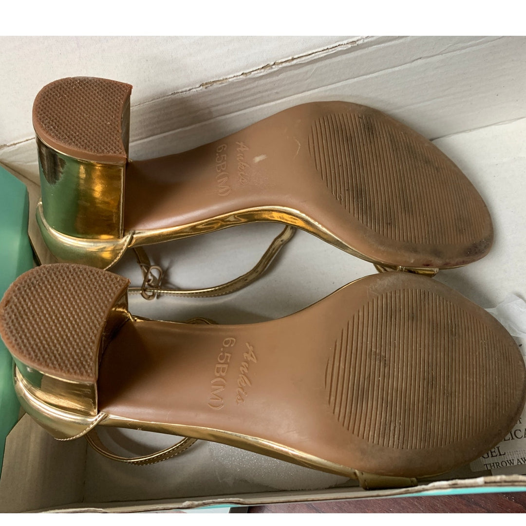 Ankis Womens Size 6.5 Gold Chunky Heel Open Toe Ankle Strap 2.75" Sandals Shoes