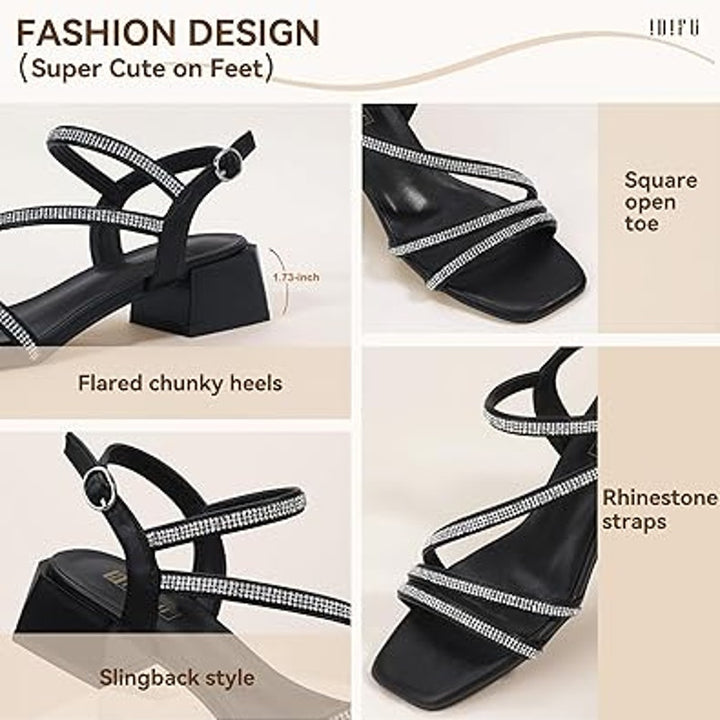 New Idifu Womens 8.5 Black Silver Rhinestone Open Toe 2" Block Heel Sandal Shoes