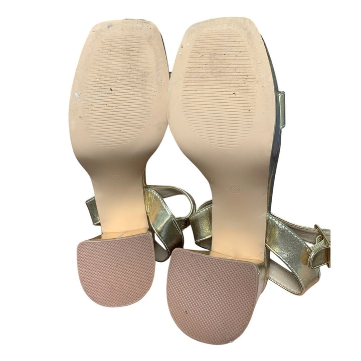 Joy In Love Women 7.5 Shiny Gold Open Toe 4" Block Heel Ankle Strap Sandal Shoes