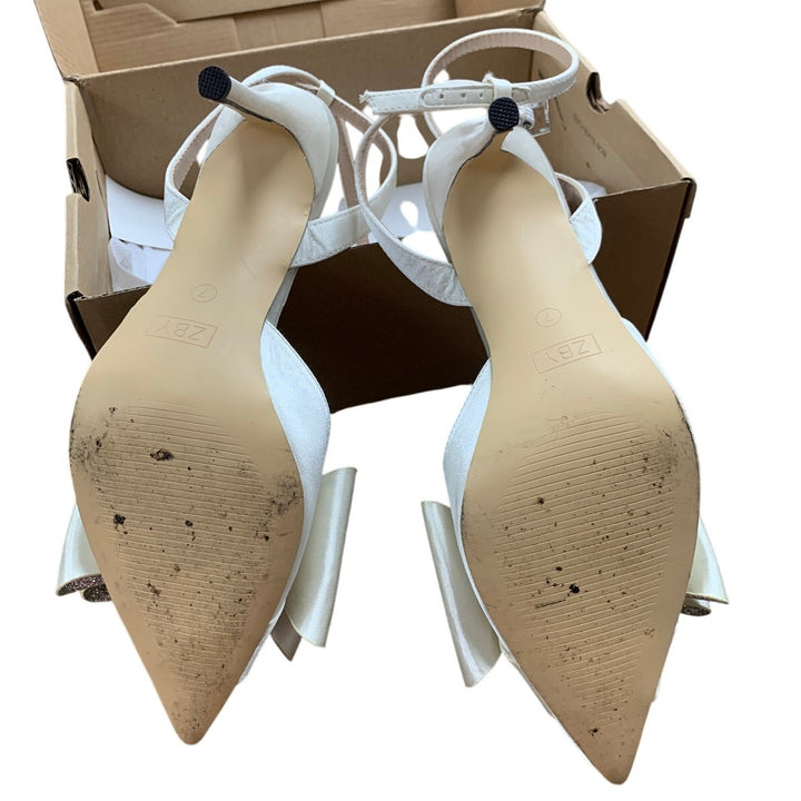 New Coutgo Womens 7 Cream 3.5" Heel Ankle Strap Pointed Closed Toe Bow Shoes