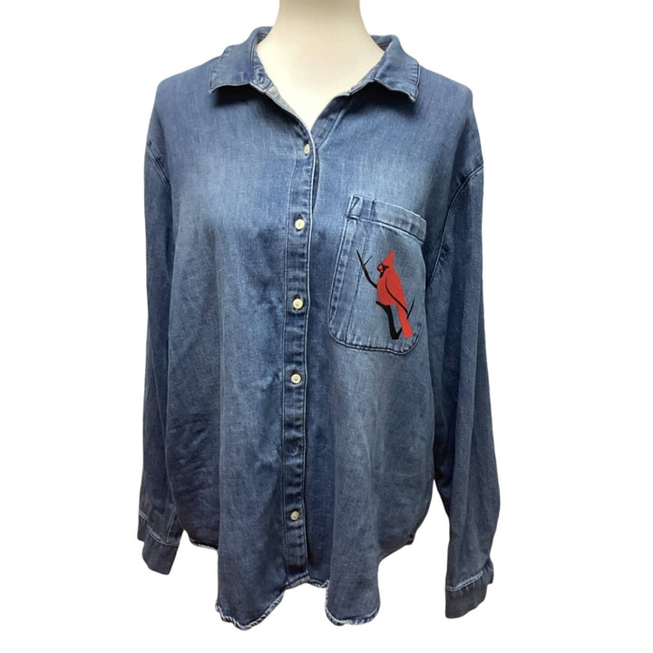Hand Printed Upcycled Womens XXL Cardinal Long Sleeve Denim Button Up Shirt