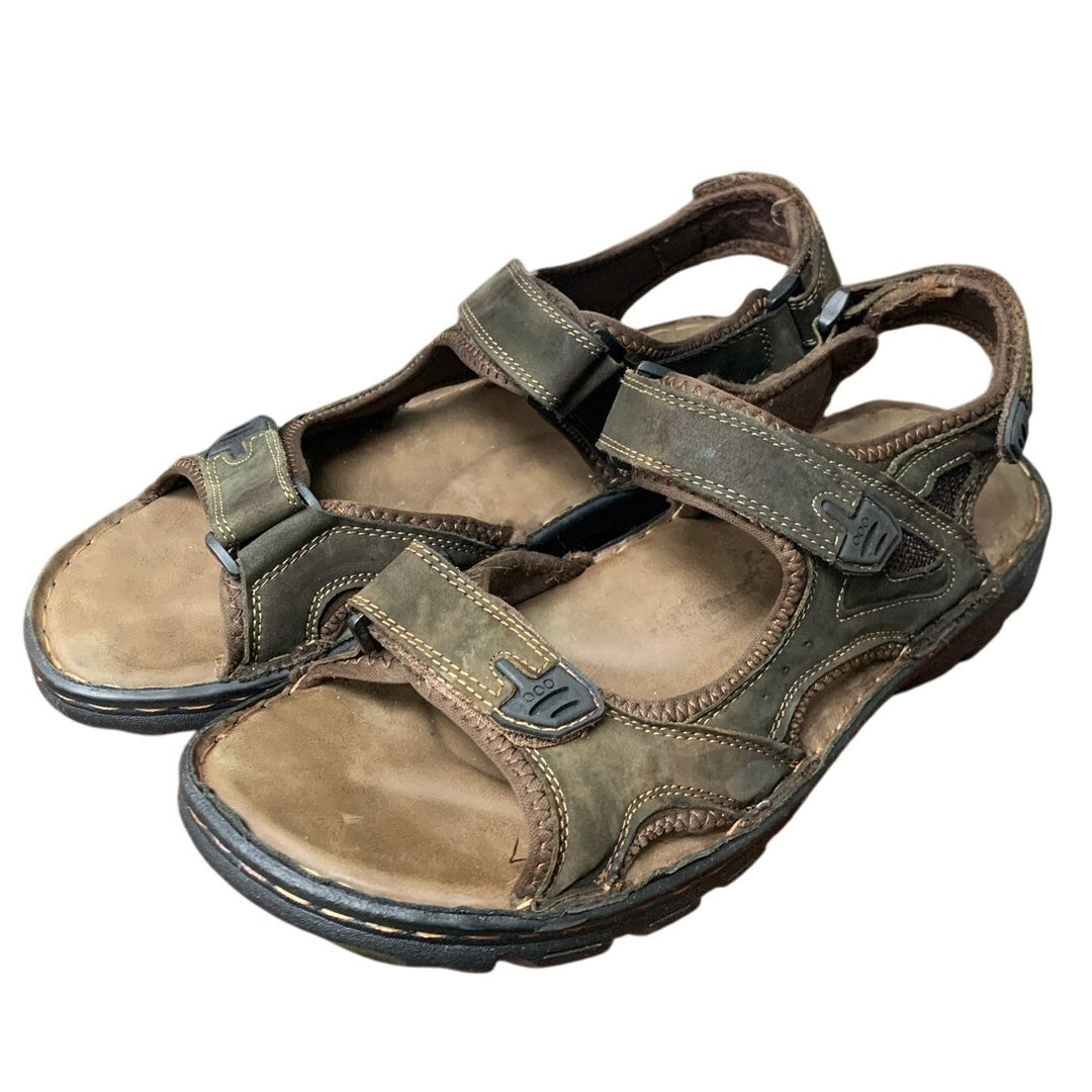 Jousen Mens 13 Brown Sandals Faux Leather Open Toe Hook Loop &amp; Fastener Shoes