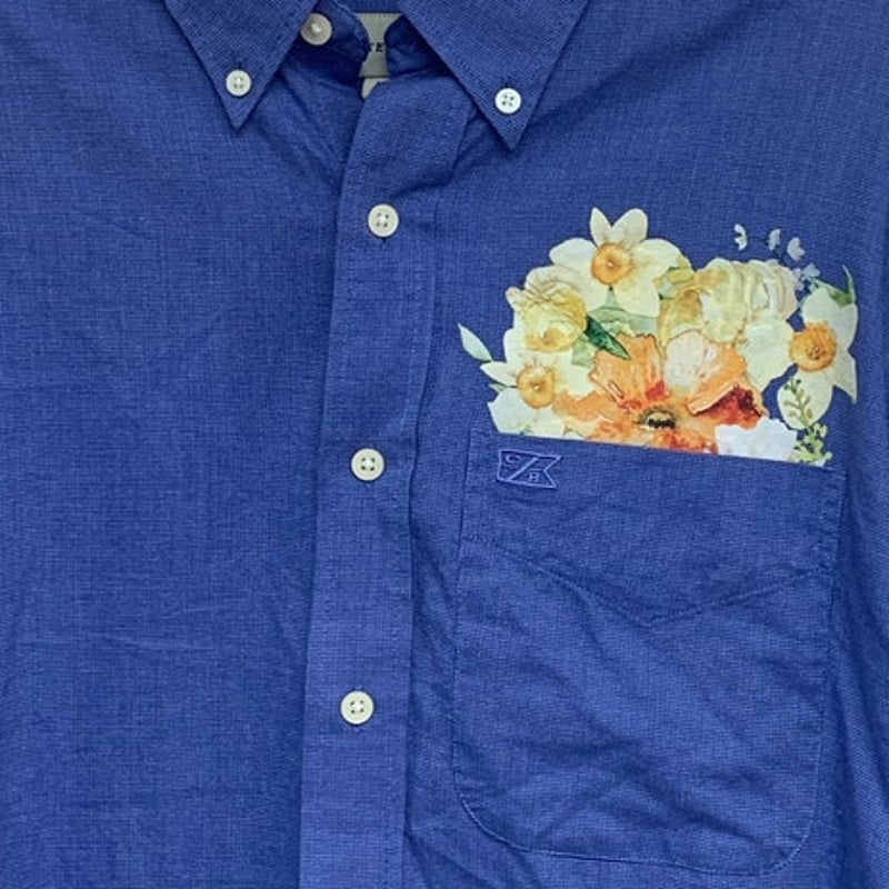 Upcycled Hand Printed Mens Medium Daffodil Floral Long Sleeve Button Down Shirt