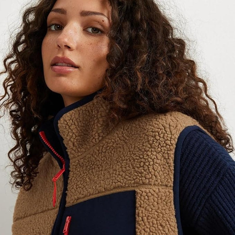New Eddie Bauer Womens Large Navy Tan Zip Up Chilali Faux Shearling Fleece Vest