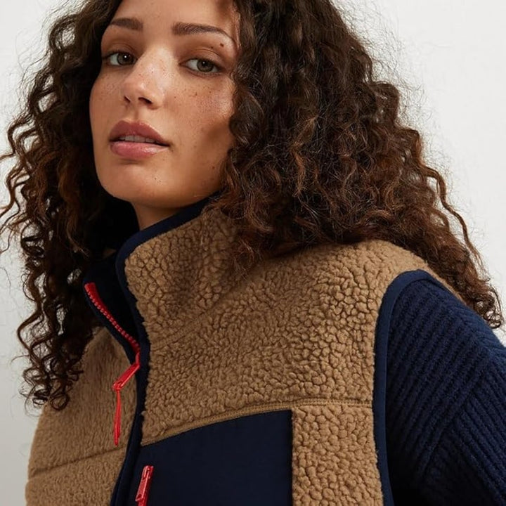 New Eddie Bauer Womens Large Navy Tan Zip Up Chilali Faux Shearling Fleece Vest