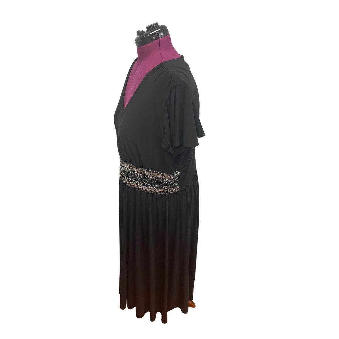 R&amp;M Richards Womens Plus Size 24W Short Sleeve Deep V Neck Beaded Waist Dress