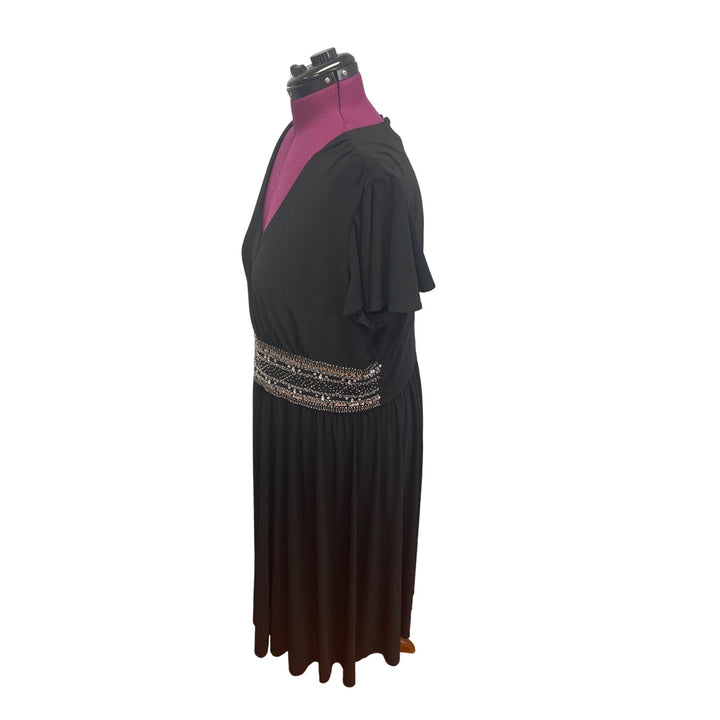 R&amp;M Richards Womens Plus Size 24W Short Sleeve Deep V Neck Beaded Waist Dress