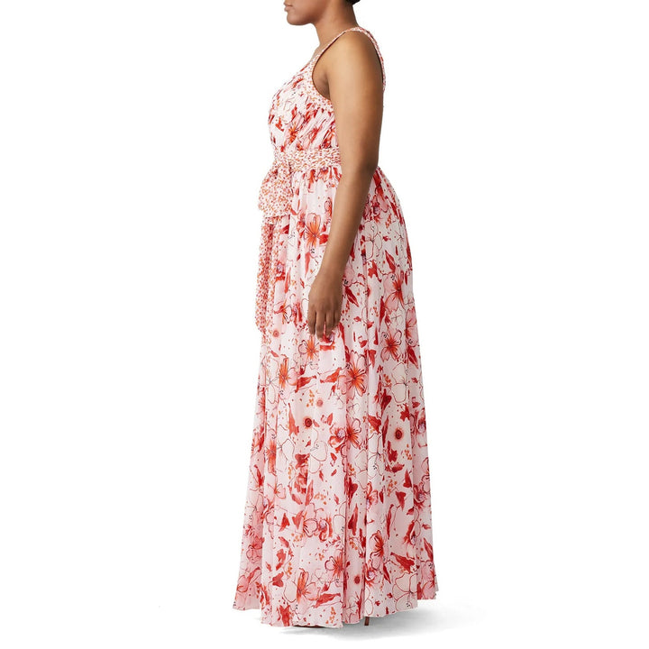 Badgley Mischka Size 16 Pink Floral Cris Cross Back Deep V Flowy Maxi Dress Gown