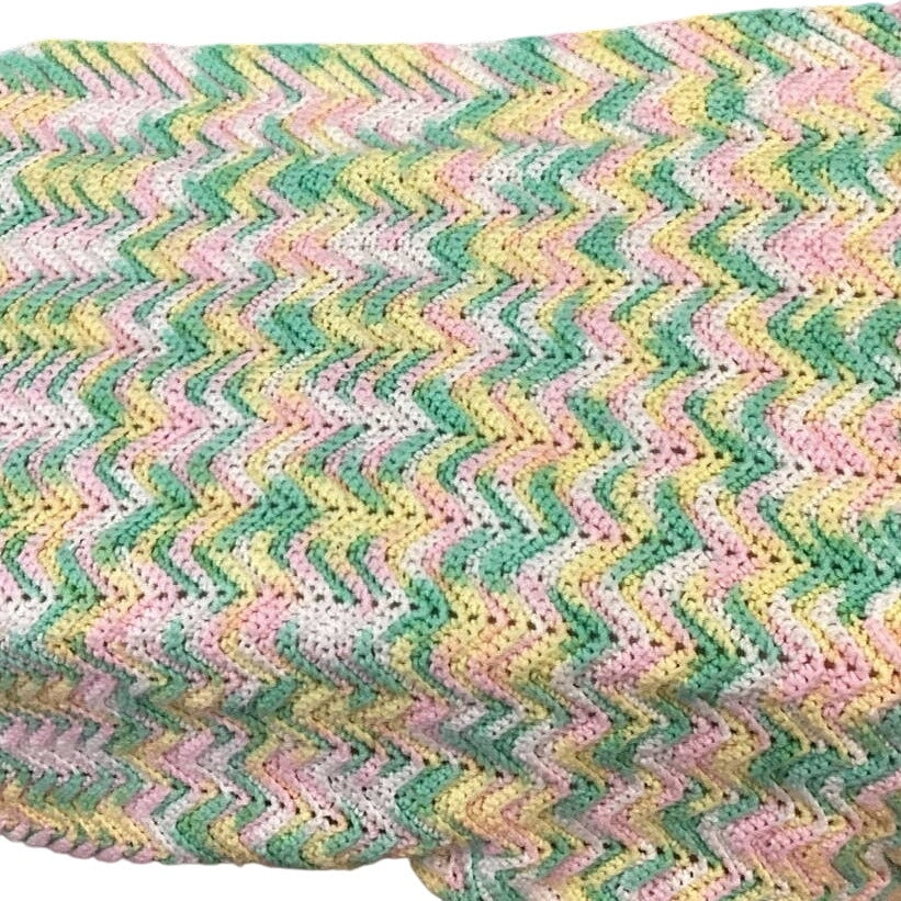 Handmade Green Pink Yellow Acrylic Yarn Crocheted Baby Blanket Afghan Throw