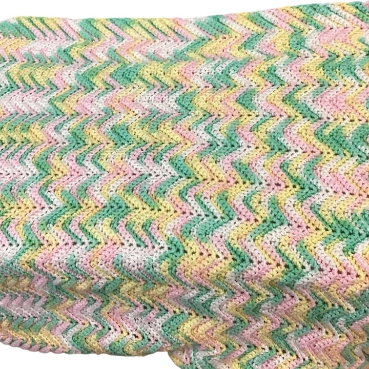 Handmade Green Pink Yellow Acrylic Yarn Crocheted Baby Blanket Afghan Throw