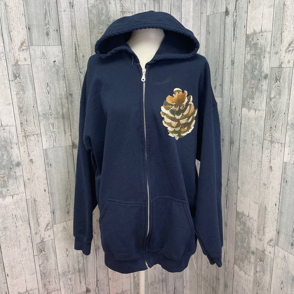 Hand Printed 2XL Upcycled Rustic Woody Pine Cone Long Sleeve Sweatshirt Hoodie