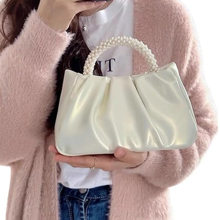 New Shiny Gold White Pearl Beautiful Small Evening Faux Leather Handbag Purse
