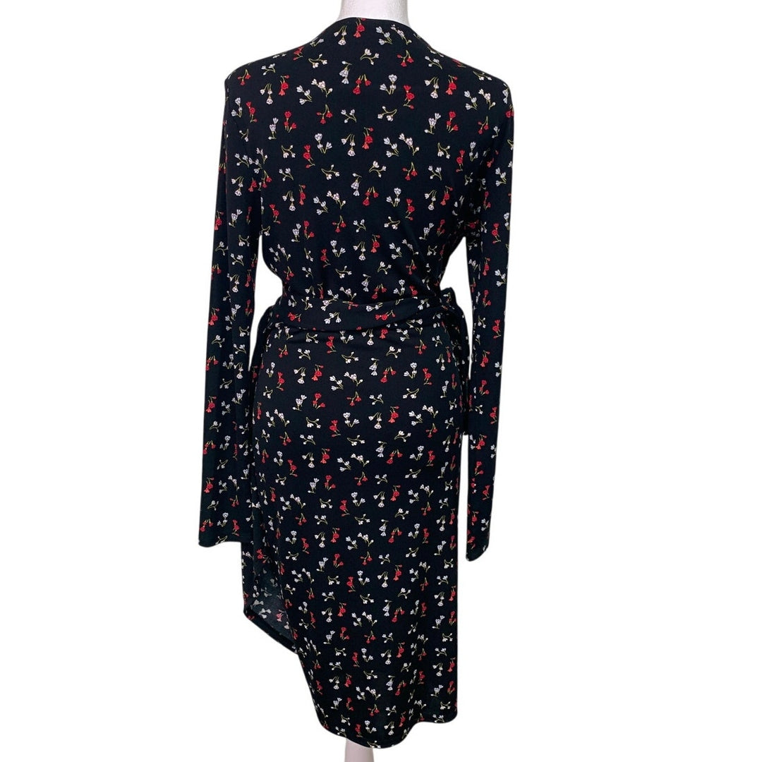 Lark &amp; Ro Womens Medium Red Black Floral Long Sleeve V Neck Belt Tie Wrap Dress