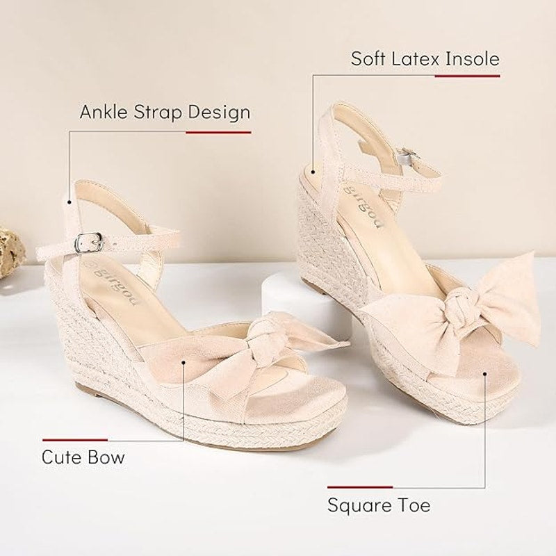 Girgod Womens Size 9 Pink Tan 3.5" Wedge Sandal Bow Ankle Strap Open Toe Shoes