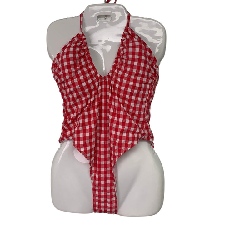 New Wild Fable Womens Medium Red White Picnic Gingham Check One Piece Swimsuit