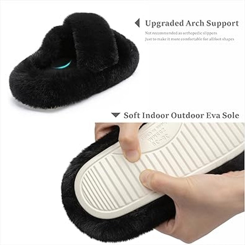 New Chantomoo Womens Size 8 Black Furry Memory Foam Open Toe Slide On Slippers