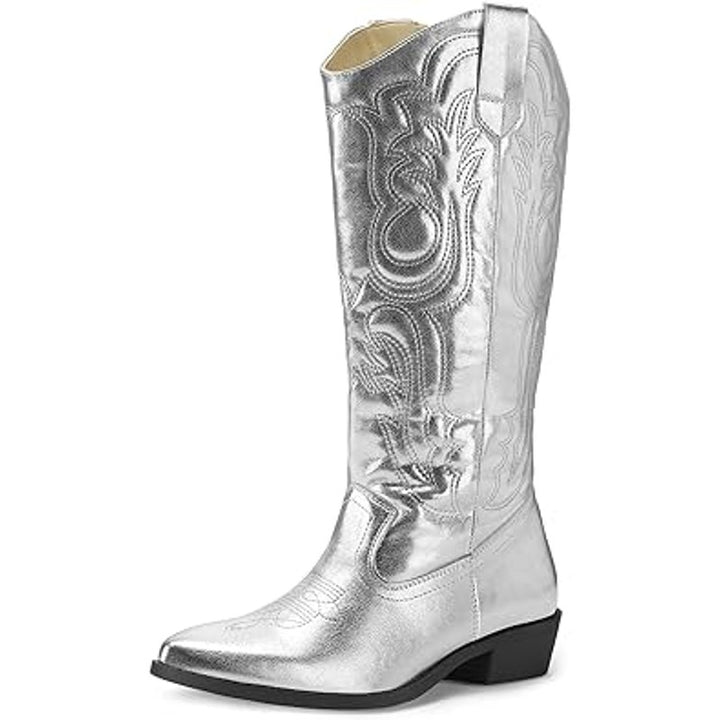 Mysoft Womens Size 7 Shiny Silver Mid Calf 1.5" Chunk Heel Cowgirl Western Boots