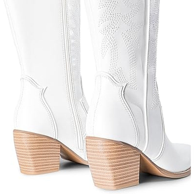 Dream Pairs Womens Size 9.5 White Faux Leather 3" Chunky Heel Cowboy Boot Shoes