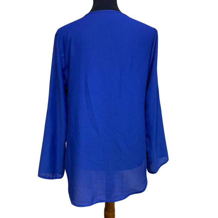 Womens Large Flowy Royal Blue Front Zip Long Sleeve Sheer Hi Low Top w Flaws