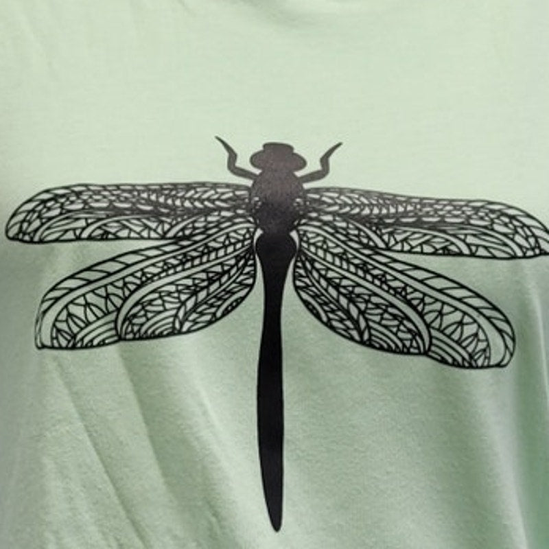 New Hand Printed Womens Small Dragonfly Short Sleeve Cotton Blend Crew Neck Tee