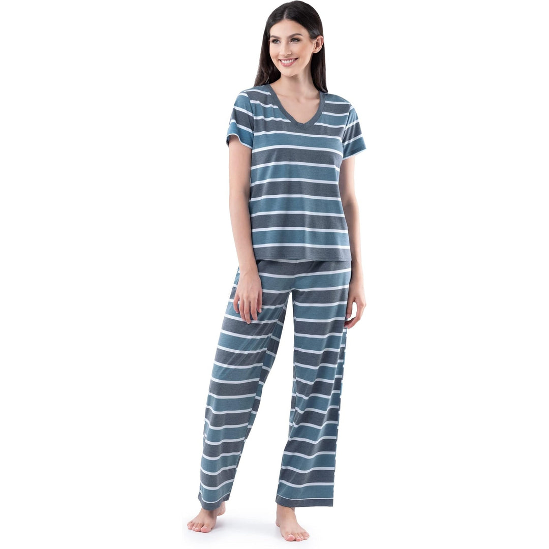 Fruit of the Loom Womens Medium Striped Short Sleeve T Shirt Pajama Pants Set