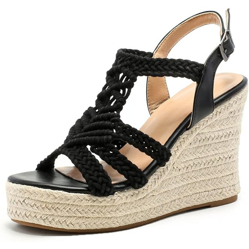 Sopends Womens Size 7 Black Crochet Espadrille 4" Wedge Open Toe Sandals Shoes