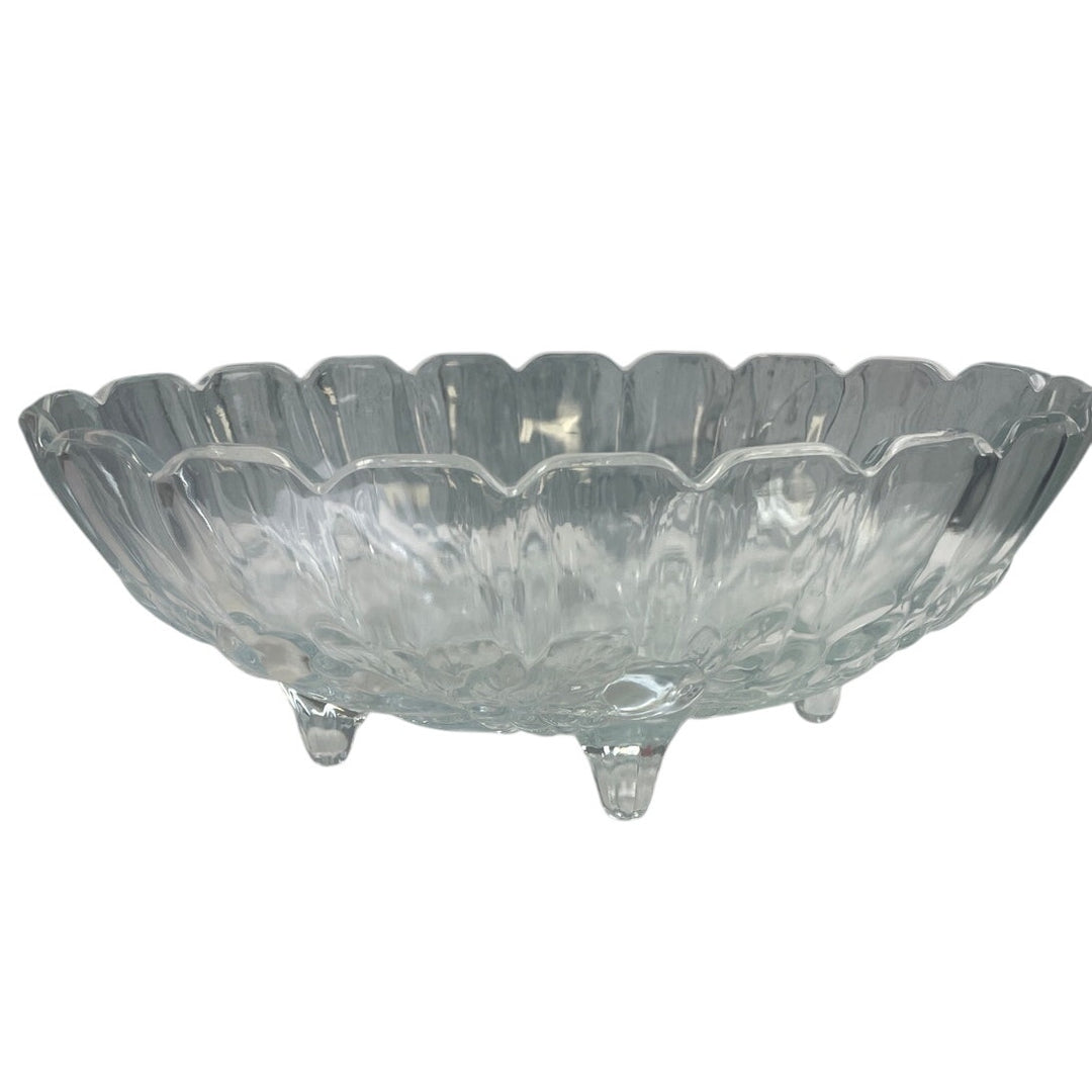 Vintage Oval Footed Cut Glass Scalloped Edge Floral Leaf Serving Bowl Dish