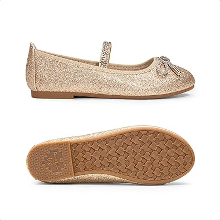 Dream Pairs Big Girls Size 5 Gold Glitter Rhinestone Bow Slip On Ballet Flats