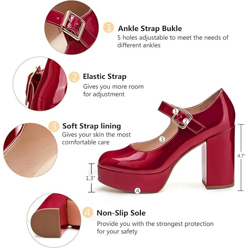 Coutgo Womens Size 9 Red 4" Heels Mary Jane Round Closed Toe Buckle Strap Shoes