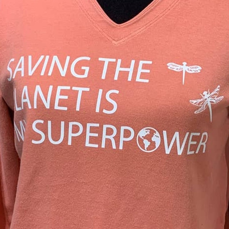 Hand Printed Upcycled Womens Medium Dragonfly Saving the Planet Superpower Tee