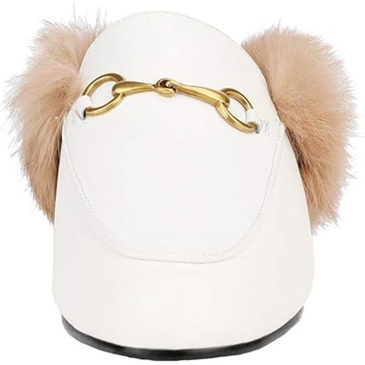 Arqa Womens Size 6 White w Brown Fur Rounded Toe Slide On Mule Slipper Shoes