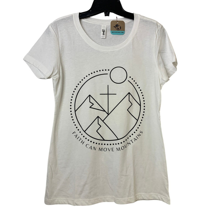 New Hand Printed Womens Large White Faith Can Move Mountains Bible Crew Tee