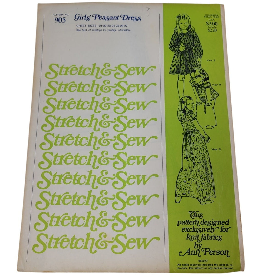 Vintage 1977 Stretch &amp; Sew 905 Girls Peasant Dress Uncut Sewing Pattern