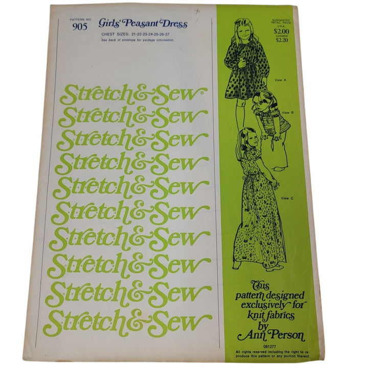 Vintage 1977 Stretch &amp; Sew 905 Girls Peasant Dress Uncut Sewing Pattern