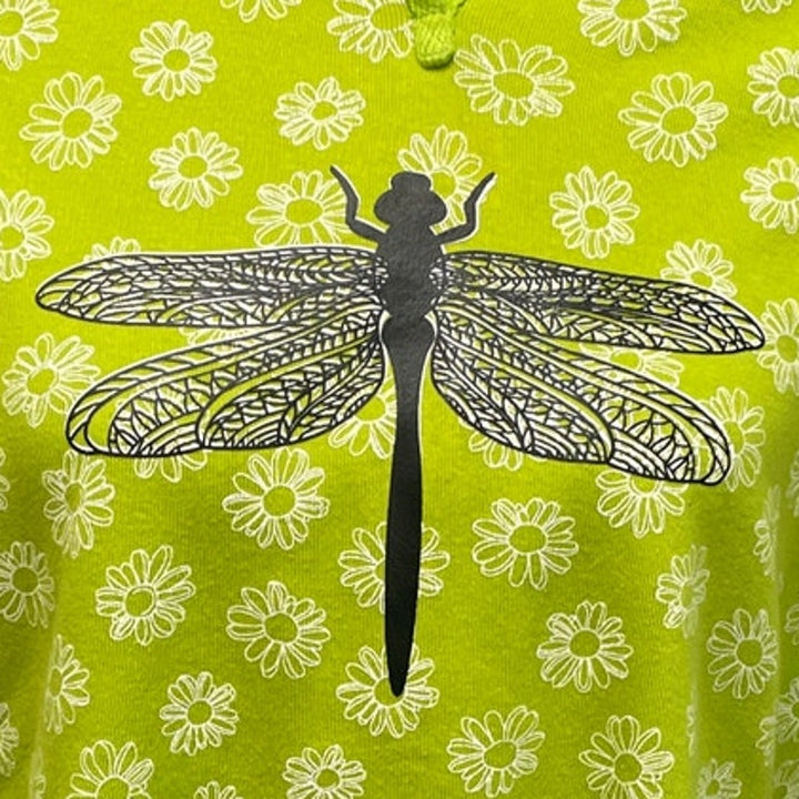 Hand Printed Upcycled Womens XL Dragonfly VNeck Short Sleeve Floral Tee Shirt