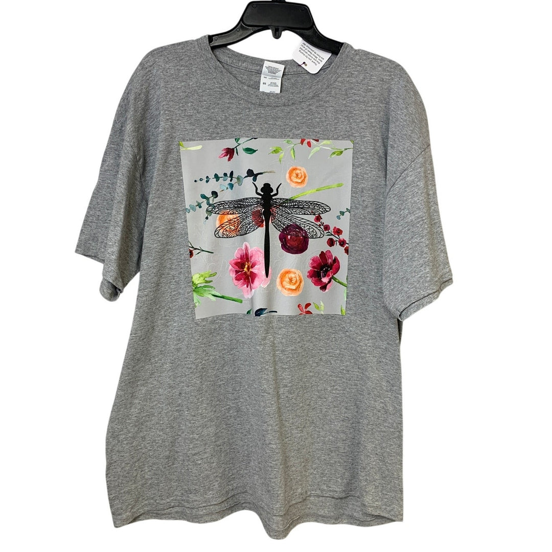New Upcycled Hand Printed Womens XL Floral Dragonfly Crew Neck PolyCotton Tee