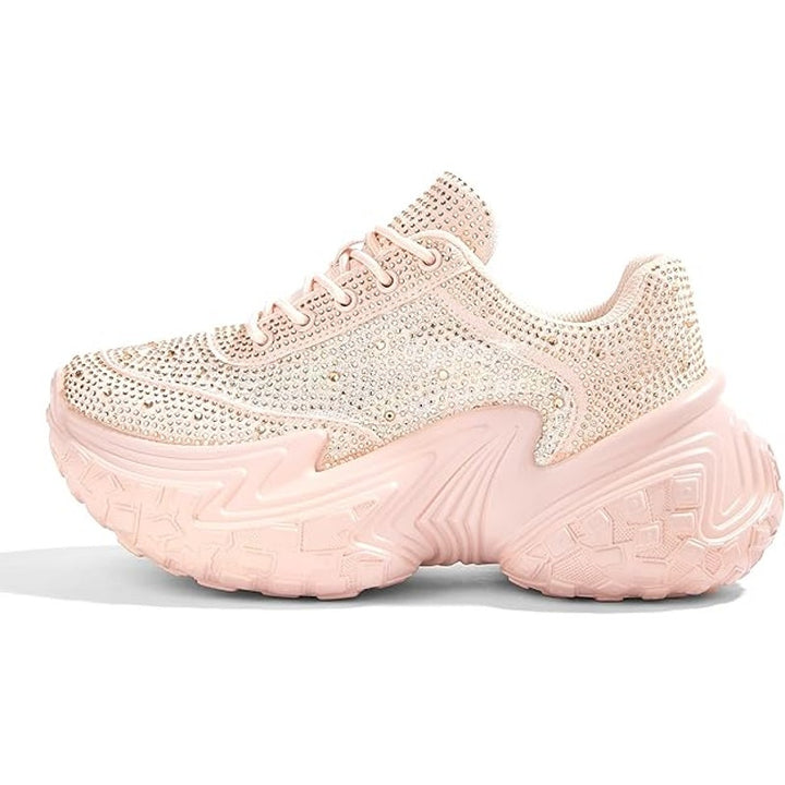 Lucky Step Womens Size 11 Pink Sparkle Chunky Platform Rhinestone Sneakers Shoes