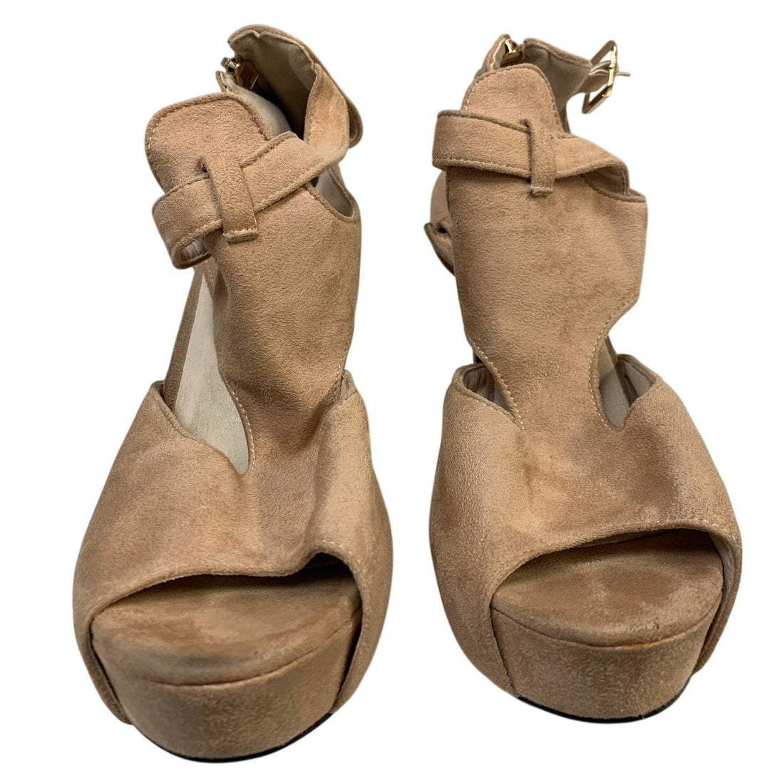 Fereshte Womens Size 9.5 Beige 4.75" Heel Suede Round Peep Toe Back Zip Shoes