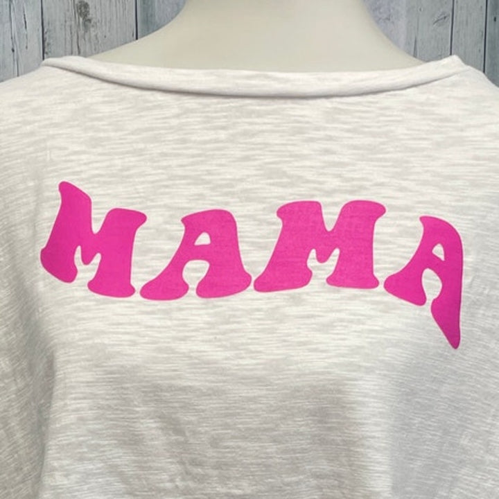 Hand Printed Upcycled Womens Small MAMA Short Sleeve Flowy Blouse Top Shirt