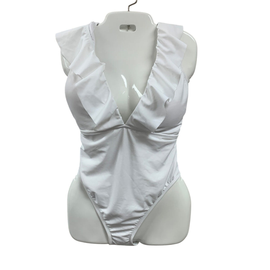 New Shade &amp; Shore Womens XL Cheeky Low V Ruffled Solid White 1PC Swim Suit