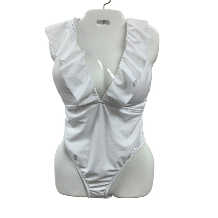 New Shade &amp; Shore Womens XL Cheeky Low V Ruffled Solid White 1PC Swim Suit