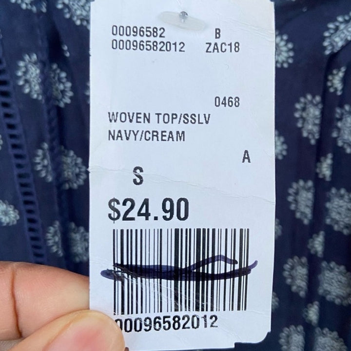 NWT Forever 21 Womens Small Navy Floral Short Sleeve Front Tie Semi Sheer Blouse