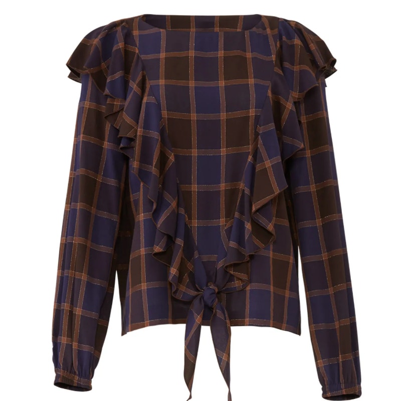 Nicole Miller Artelier Womens Medium Plaid Boyfriend Ruffle Long Sleeve Blouse