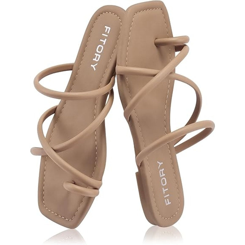 Fitory Womens Size 9 Tan Faux Leather Toe Ring Slide On Cross Strap Sandal Shoes